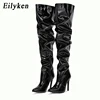 Eilyken Red Women Over The Knee Boots High Heels Patent Leather Solid Pointed Toe Stiletto Side Zipper Sapatos Femininos