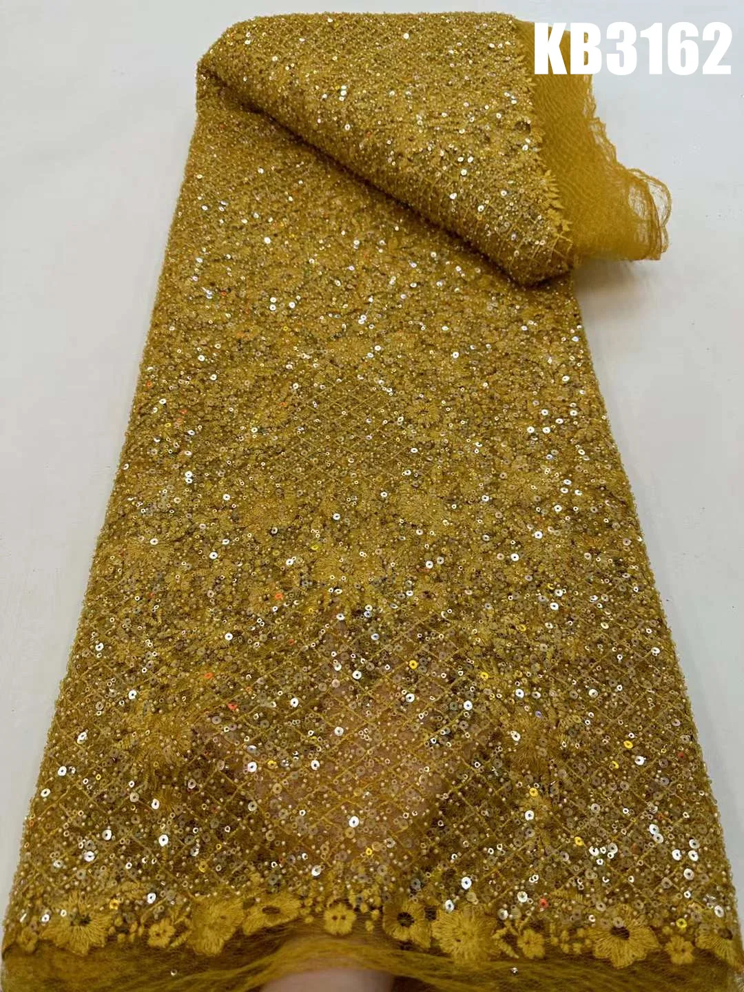 

Heavy Beaded Lace Fabric Gold Crystal Sequin French Lace Africa Lace Fabric High Quality 2023 Wedding Rose Tulle Lace KB3162