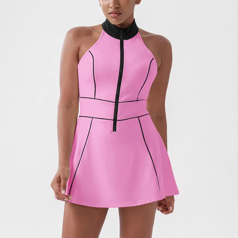 Alpha Colorblock Half-Zip Tennis Dress for Women, Stand Collar Golf Dress with Built in Shorts for Summer Athletic