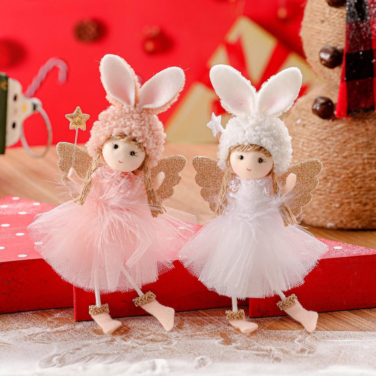 60PCS Lace Rabbit Ear Girl Shape Doll Pendant Christmas Tree Decoration Small Pendant Accessories