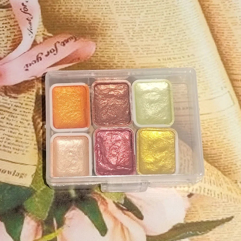 6 색 쉬머 솔리드 수채화 세트 레트로 페인팅 진주 빛 금속 캔디 색상 아트 페인팅 드로잉 네일 디자인 세트