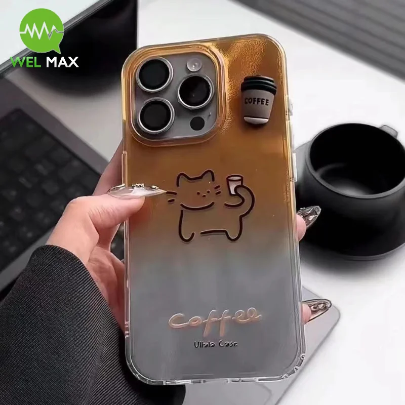 

Ins cute cat 3D Coffee Gradient Phone Case For iphone 15 14 13 12 11m Pro Max ShockProof Fall resistant dirt Fashion Soft shell