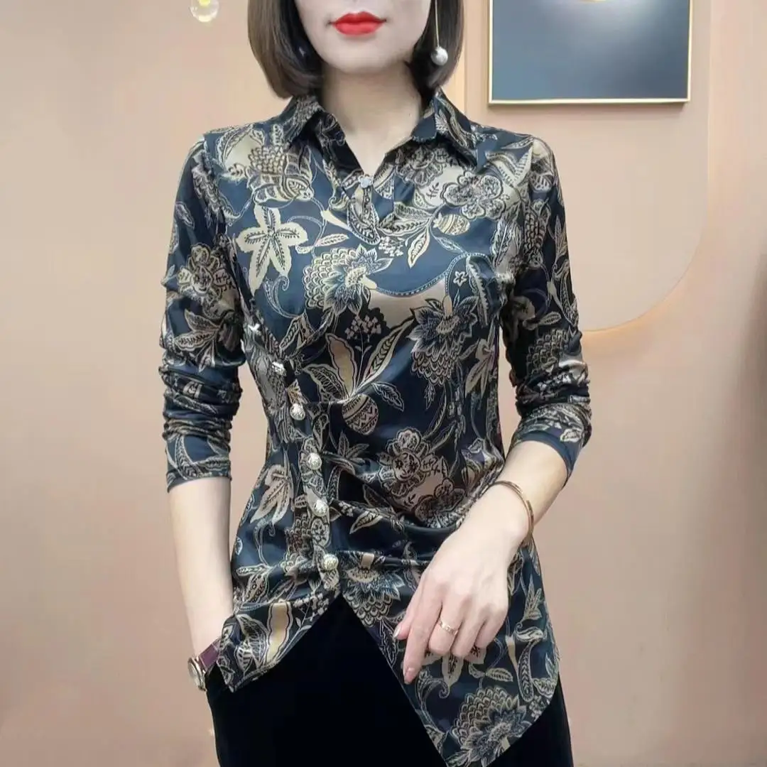 

Turn-down Collar Thin Gold Line Print Vintage Chinese Style Women's Clothing Side Metal Buckle Decoration Fold Slim Irregular