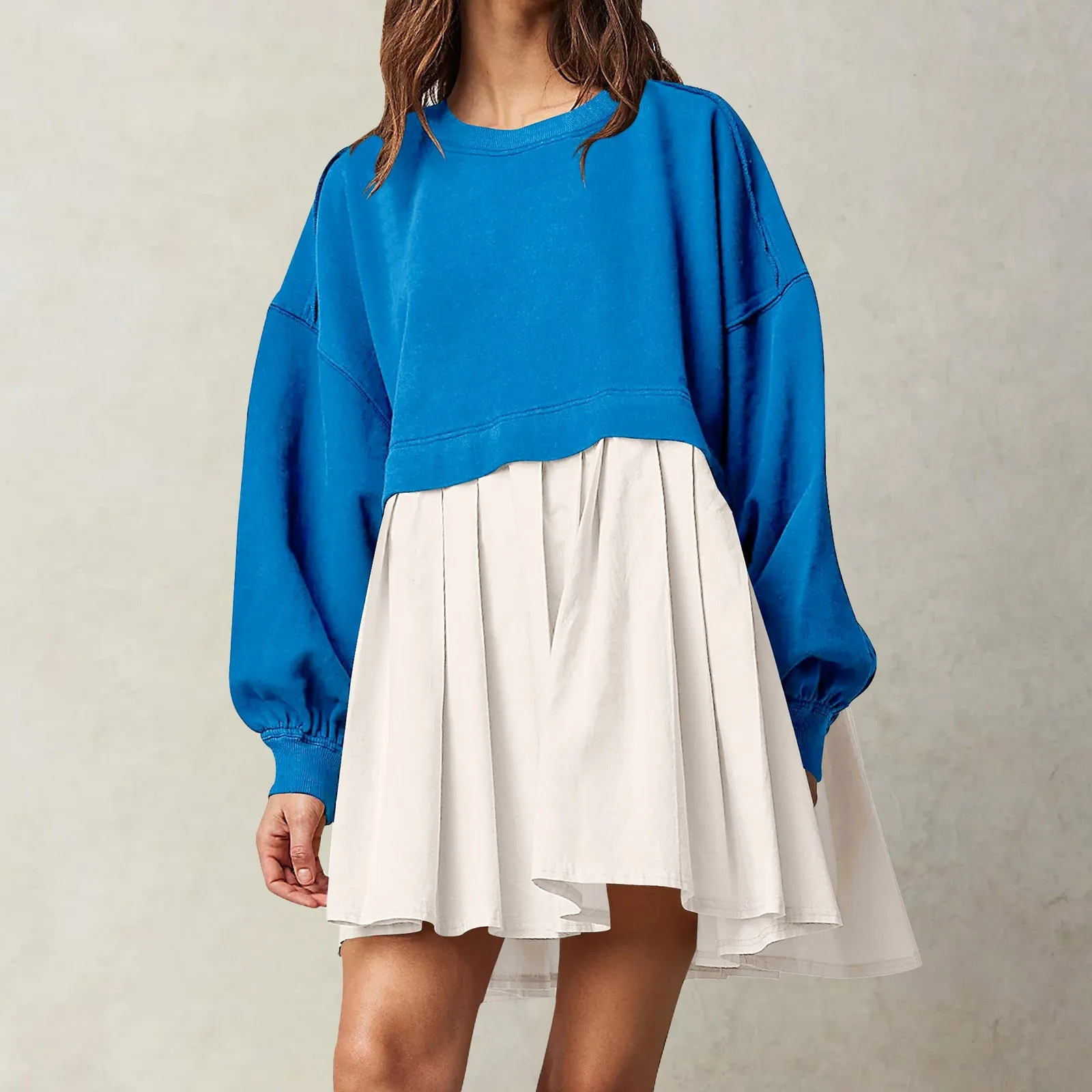 Womens Oversized Sweatshirt Dress Y2k Patchwork Crewneck Pullover Tops Relaxed Fit Sweatshirts Mini Summer Long Dress Hoodies