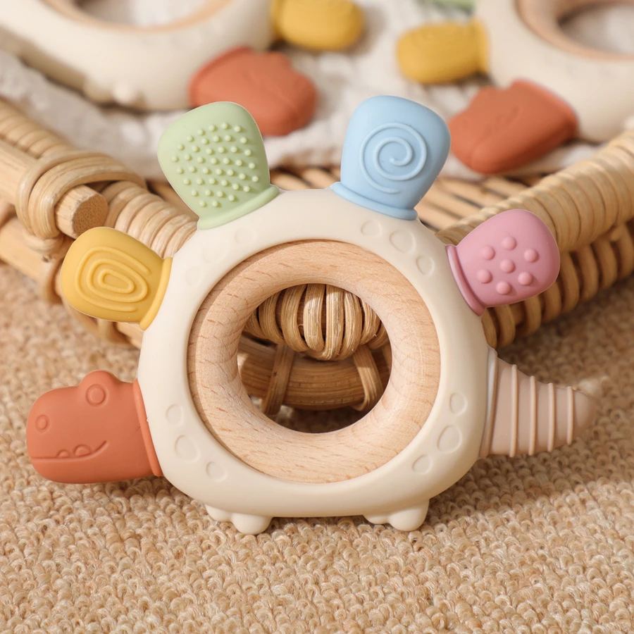 Baby Silikon Beißring Grade Lebensmittel Silikon Dinosaurier Holz Ring Baby Pflege Zahnen Spielzeug Zahnpflege Silikon Kaugummi Baby Spielzeug – Detail 4