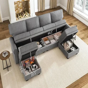 Divano componibile in velluto a forma di U con sedile portaoggetti e chaise longue reversibile per soggiorno 1