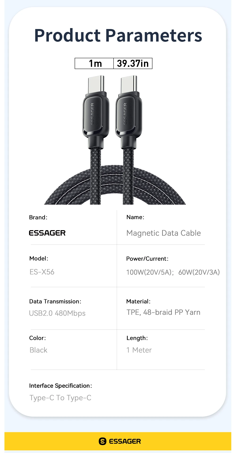 Essager PD 100W 60W Magnetisches Anti-Wickel Typ-C-zu-C-Kabel Schnellladekabel für Samsung Huawei Xiaomi Lenovo – Detail 17