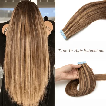 Brown Mixed Blonde Tape in Virgin Human Hair Extensions Seamless Adhesive Tape Human Hair Natural Straight Machine Remy Tape on