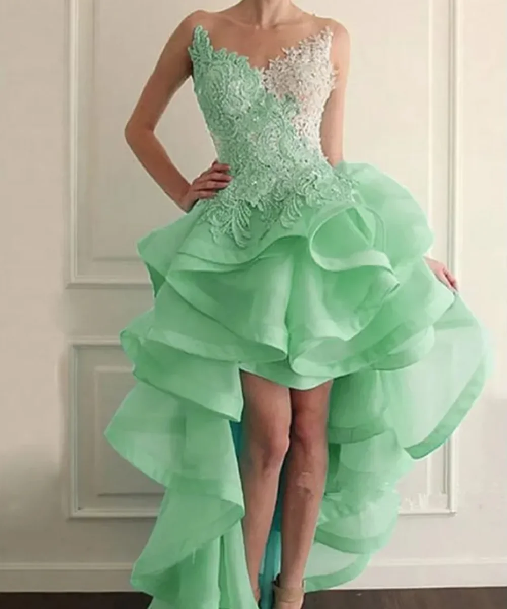 

2024 High Low Organza Prom Party Dress Strapless Neck Sleeveless Lace Appliques Ruffled Evening Formal Gowns Vestidos De Fiesta