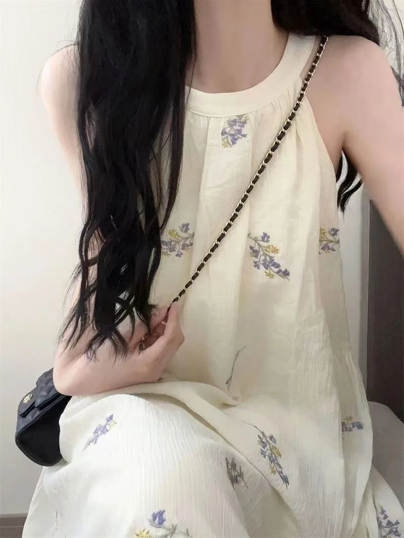 Faionable Korean Loose Floral Dr Women Summer 2024 Sweet Beach Ne Hanging Svel Dr A-Line Midi round Ne - Image 3