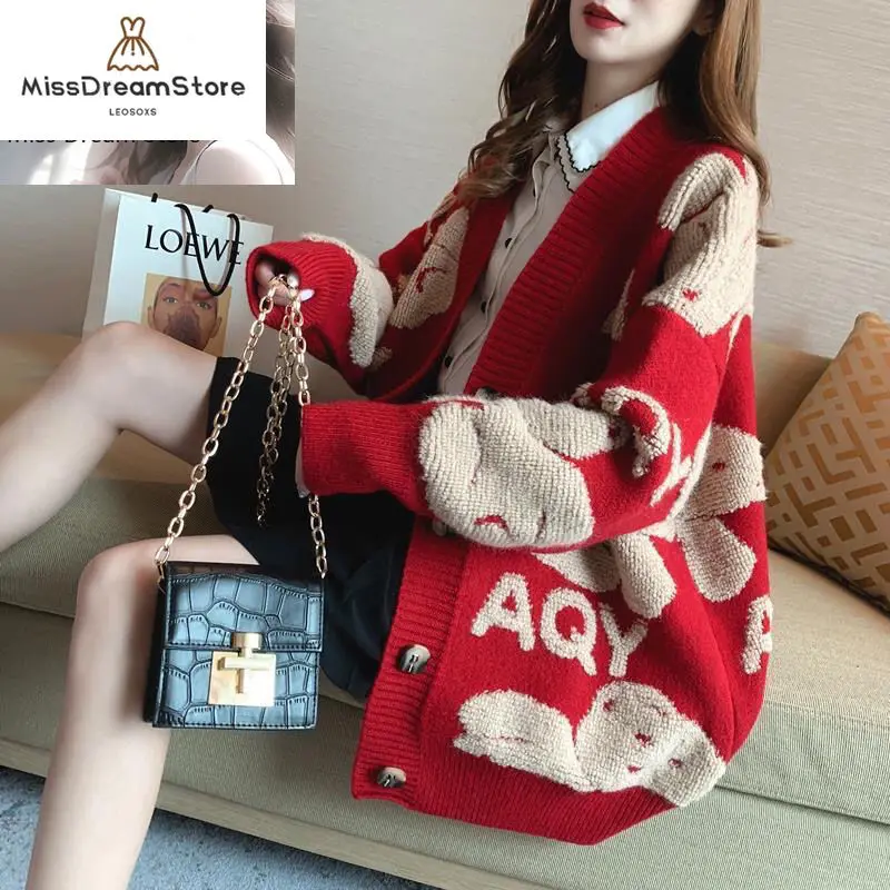 

2023 autumn and winter new ins Korean version of loose lazy wind plus size coat knitted cardigan sweater fashion tide.