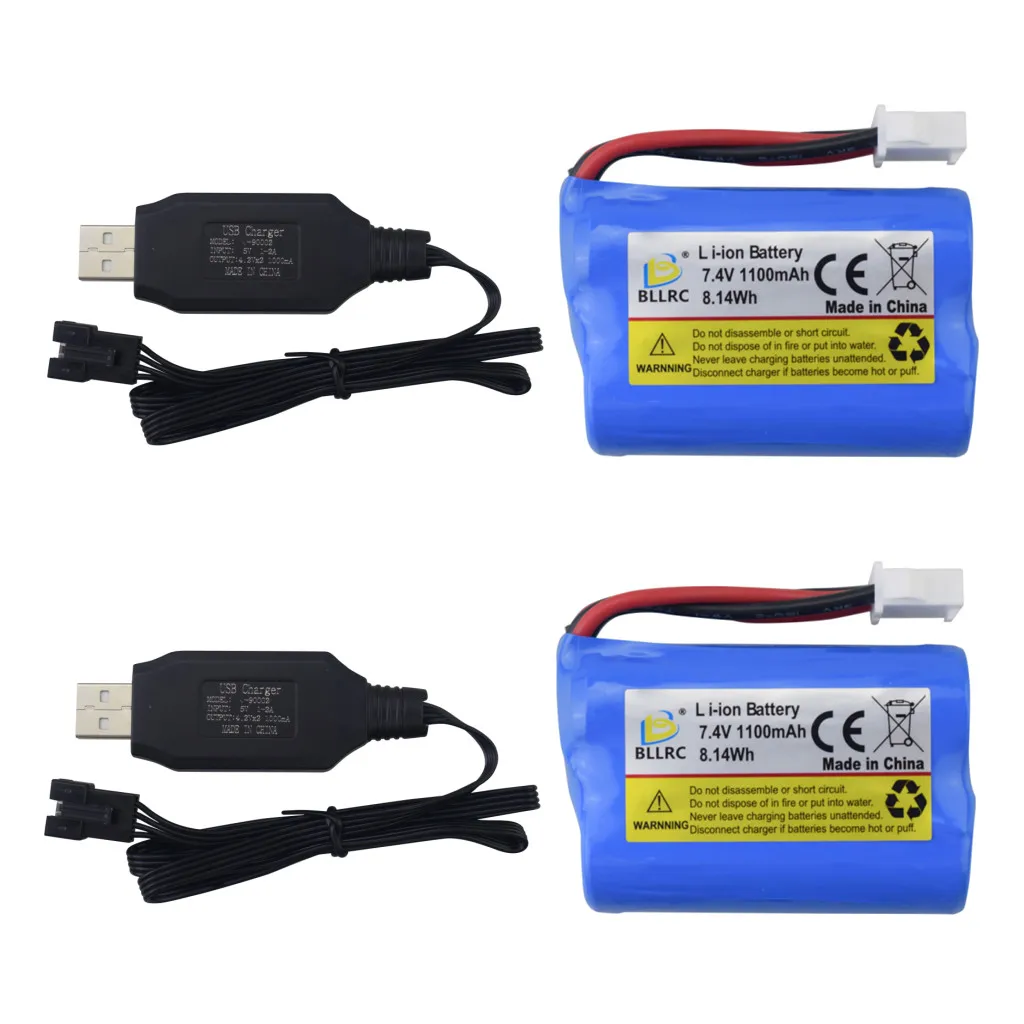 2PCS 7.4V 1100mAh Lithium Battery With USB Charging Cable For BLLRC L100 RC Boat, HONGXUNJIE HJ808 High-Speed RC Speedboat