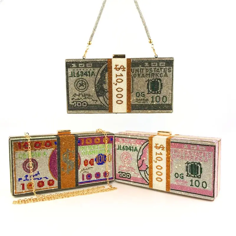

Money Clutch Rhinestone Purse 10000 Dollars Stack of Cash Evening Handbags Shoulder Wedding Dinner Bag