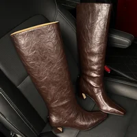 Women's genuine leather 5.5cm thin high heel square toe slip-on autumn knee high knight boots elegant ladies long boots shoes - Image 3