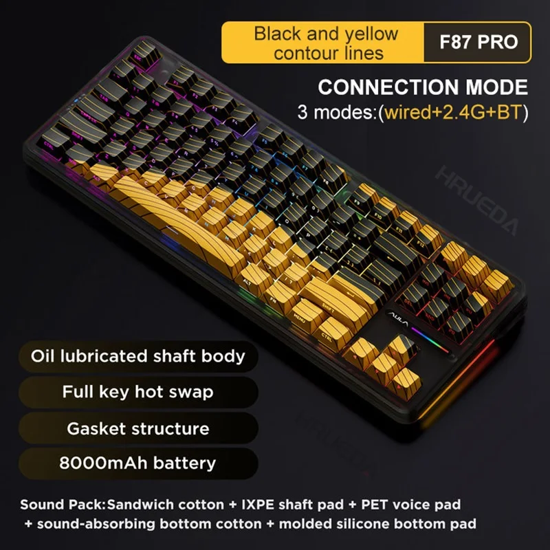 AULA F87 Pro Mechanical Keyboard Custom for Gaming+Typing RGB 2.4g/Usb/Bluetooth Tri Mode Wireless Gasket 87 Keys Hot Pluggable