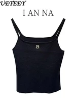 Design Sense Niche Black Beaded Letter-Printing Sleeveless Camisole Women's Summer Crop Tops Hot Girl Outer Wear Short Base Vest - Image 2