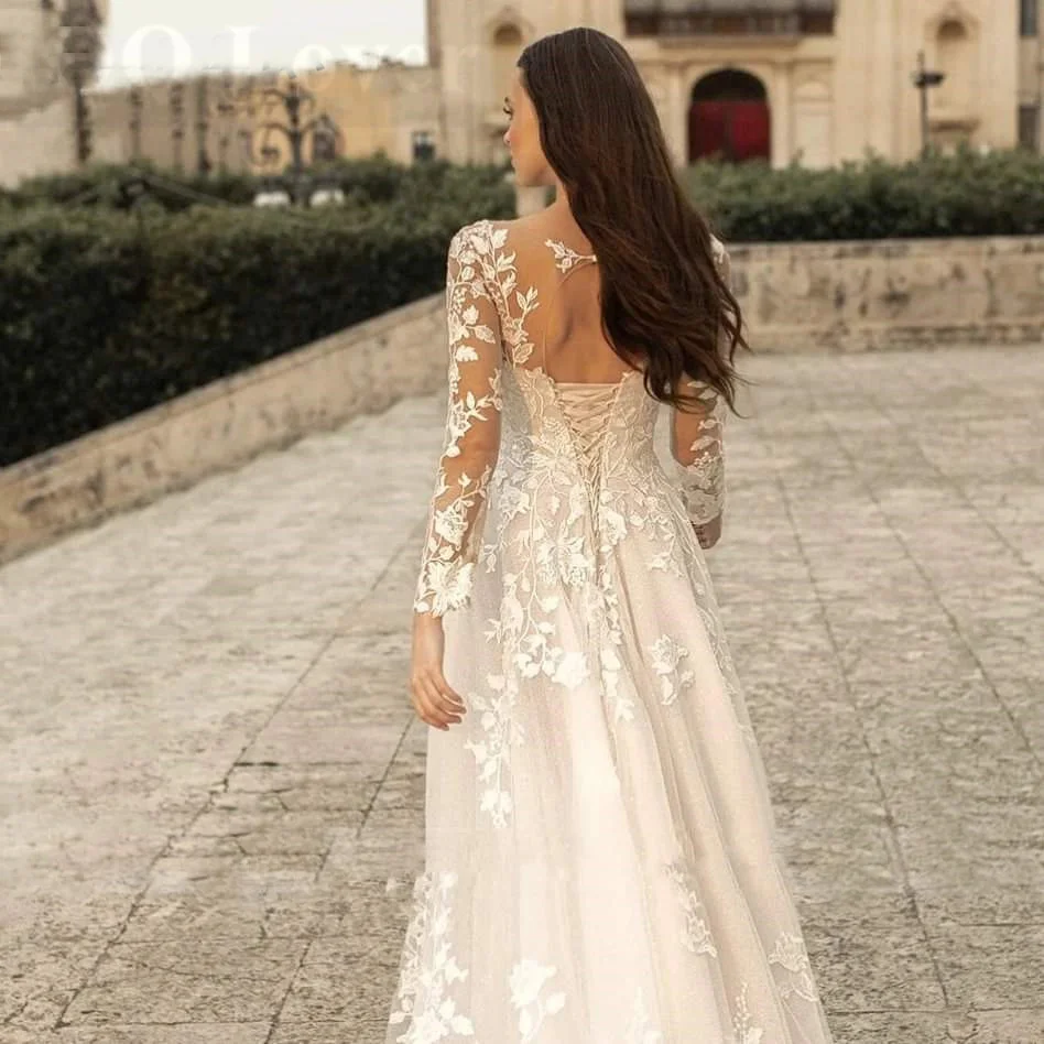 O-Neck Wedding Dresses Lace Up A-Line Appliques Long Sleeves Wedding Bride Gowns