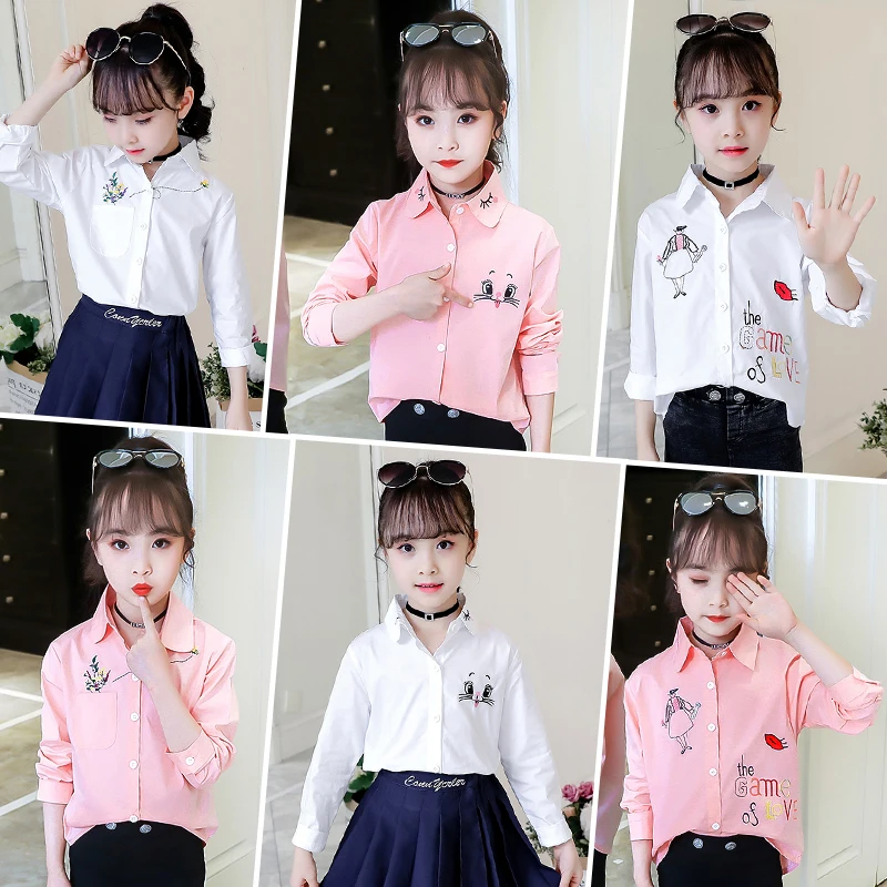 Girls White Blouse Fall Cute Long Sleeves Children Cartoon Shirts Girl Blouses Cat Teenager School Clothes Kids Tops kids shirts