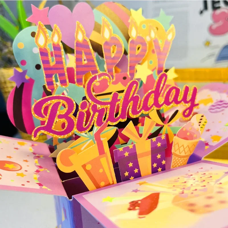 1 pop-up Happy Birthday 3D gift box greeting card birthday wishes holiday universal gift cards envelope included