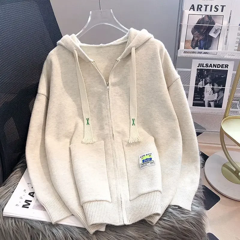 

Minimalist Sweater Jacket Women Clothing Oversize Spring and Autumn New Hooded Sweater Knit Cardigan Zipper College Style Top