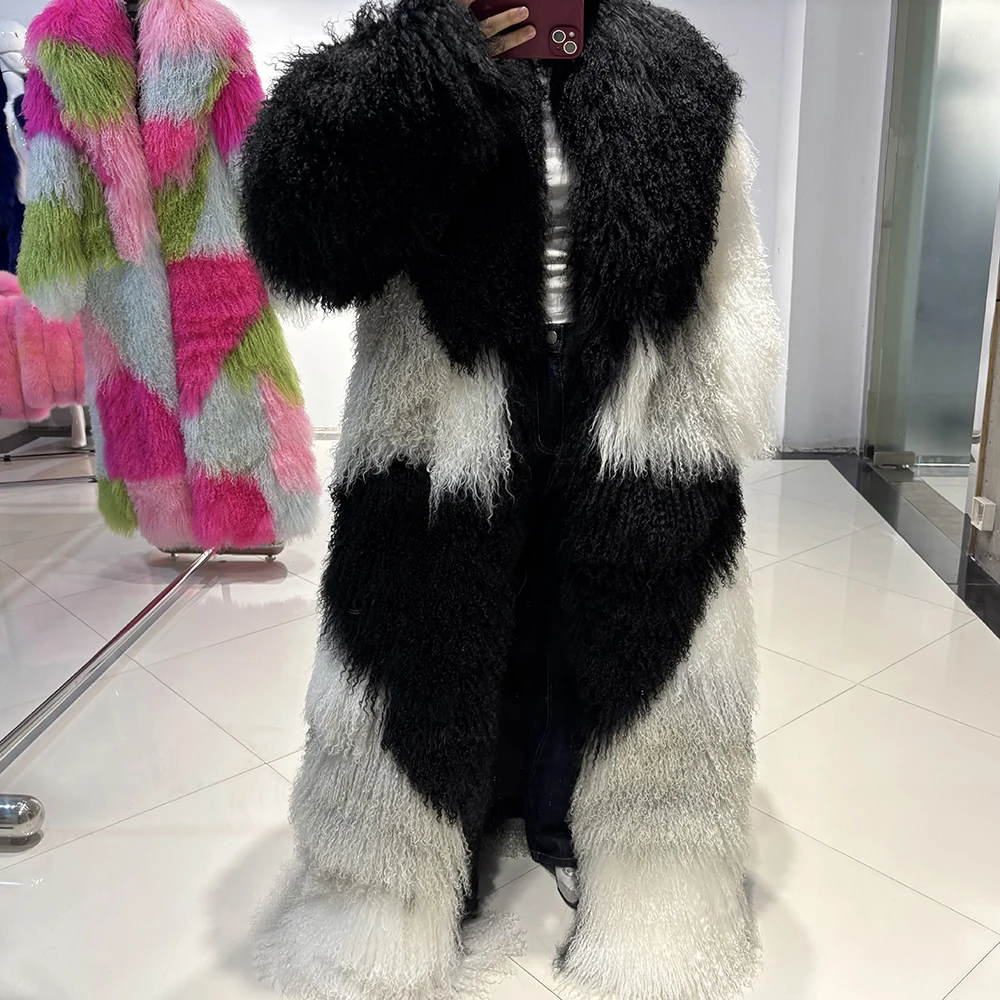 YOLOAgain 135-140cm Floor Length Mongolia Sheep Fur Coat Women Winter Warm Party Long Fur Coat Ladies Overcoat