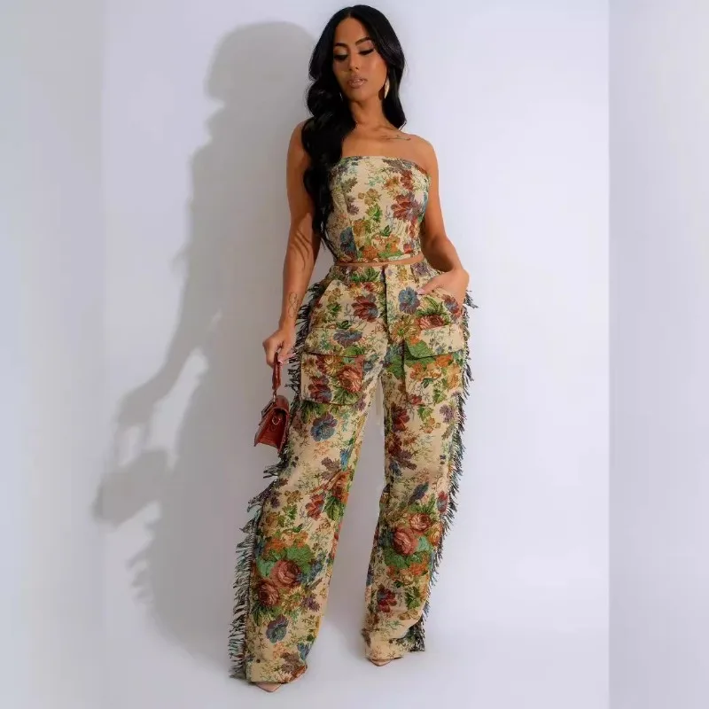 2024 Summer Plant Flower Printed Loose Casual 2 Piece Set Women Off Shoulder Bandage Strapless Crop Top Tassel Pants Streetwear