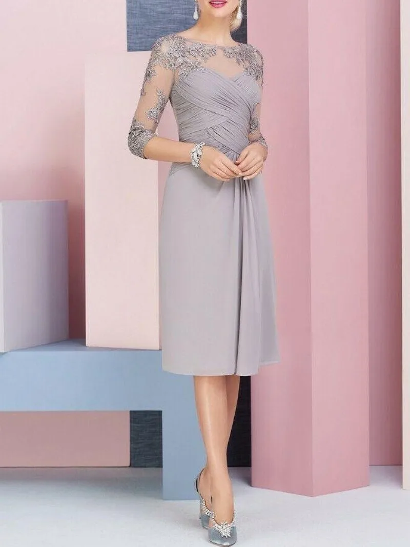 Elegant Gossamer Half Sleeve Mother of the Bride Dress O-Neck Appliqued Short Wedding Guest Prom Formal Dress