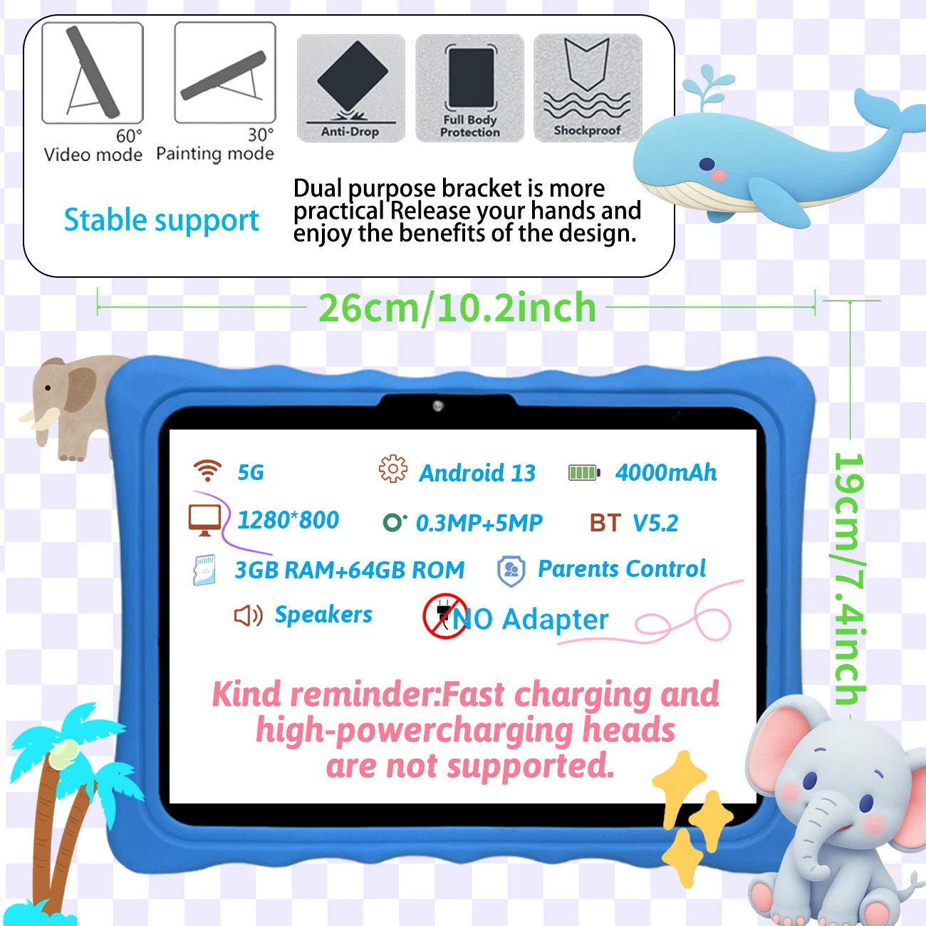 10.1인치 안드로이드 13 쿼드 코어 3GB 램 64GB 저장용량 와이파이 4000mAh 배터리 부모 관리 듀얼 카메라 어린이 선물용 PC 패드