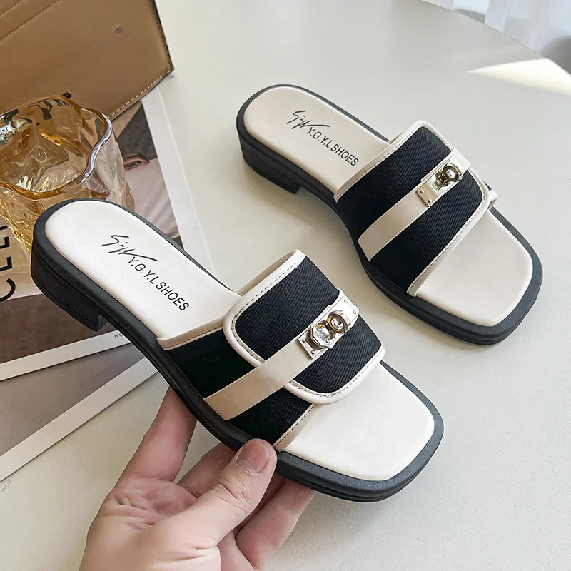 

Summer Square Toe Slip on Women's Slippers Branded Buckle Flat Heel Women's Casual Sandals Outdoor Fashion Comfortable Slippers