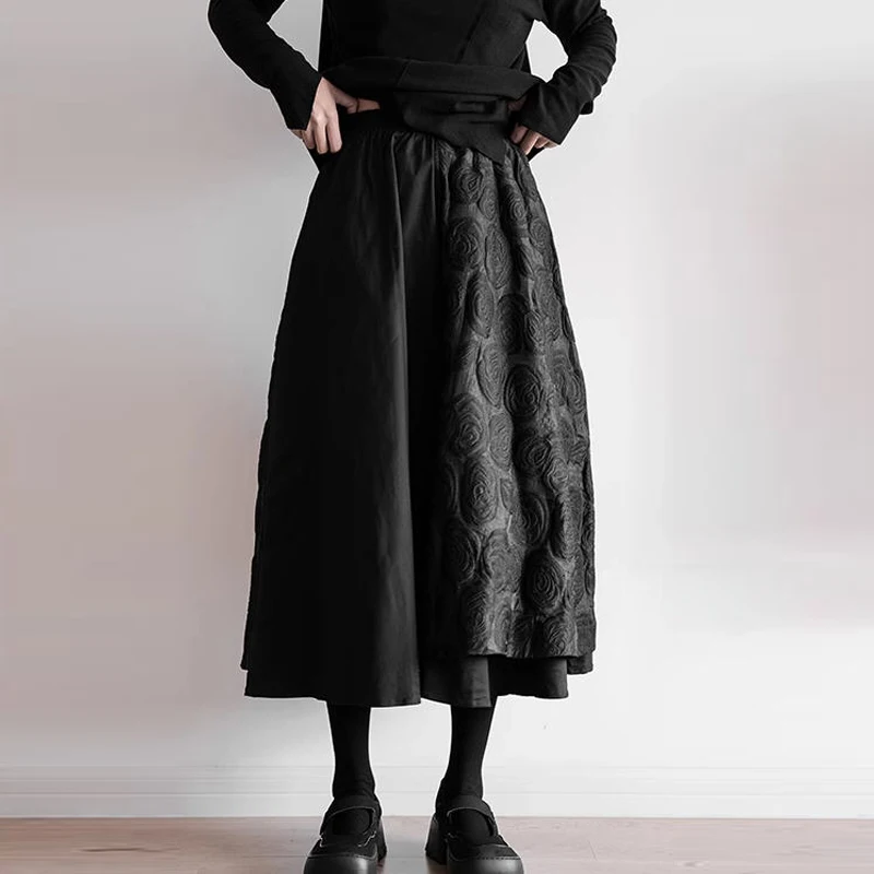 plus Size Women's Midi Skirt Autumn Winter Loose Splice Design High Waist A-Line Skirt Vintage Sle Floral Pattern