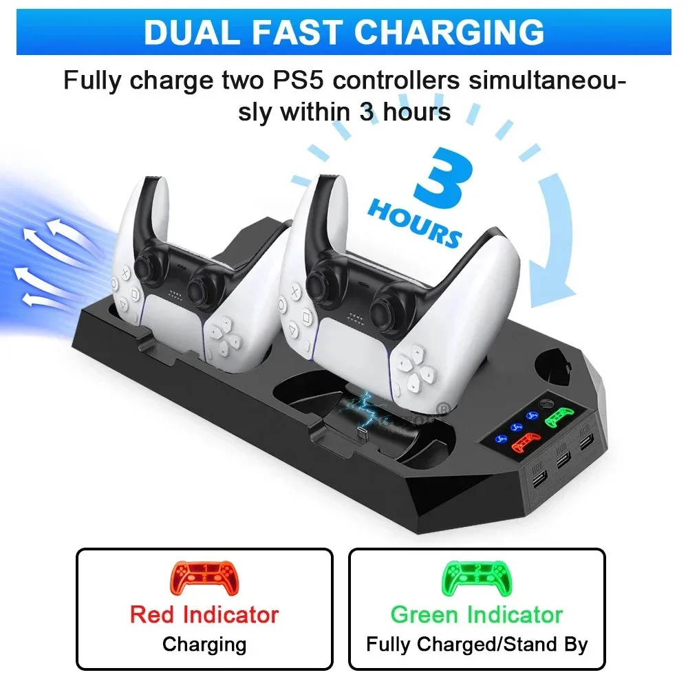 PS5 Pro/PS5 Slim/PS5 스탠드(헤드폰 후크 포함) 냉각 스탠드 컨트롤러 충전 스테이션(P5용 3레벨 냉각 팬 포함)