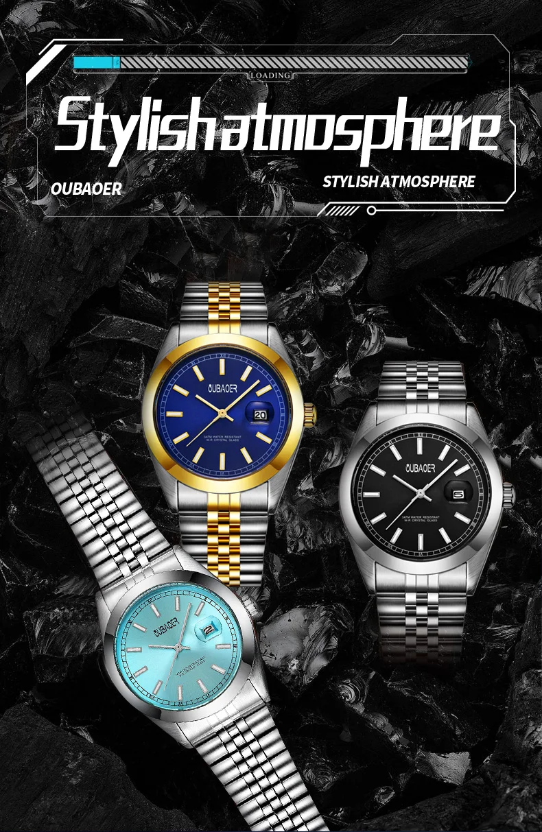 2023 OUBAOER Moon Phase Mens Automatic Quartz Watch 3Bar Waterproof Dual Time Zone Display Casual Watches Man Clock Relaxo