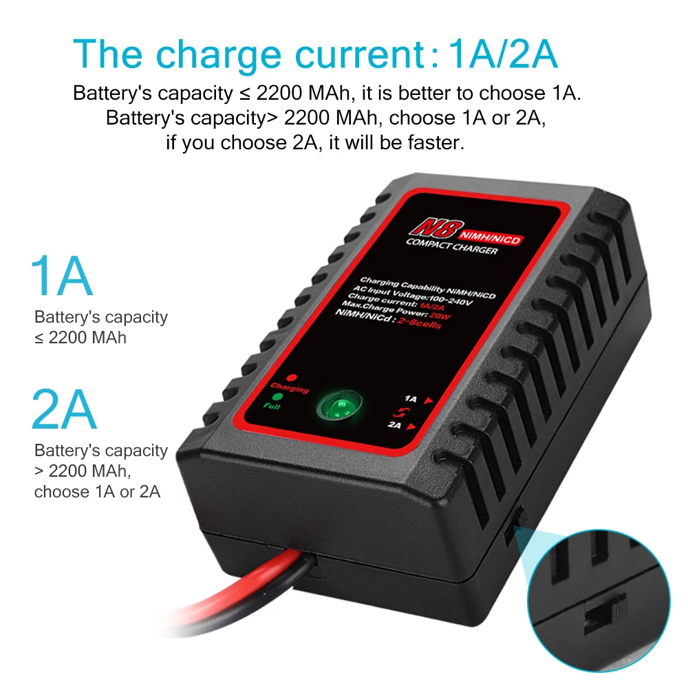 Chargeur RC N8 2A avec cordon UE et batteries NiMH NiCd insérées