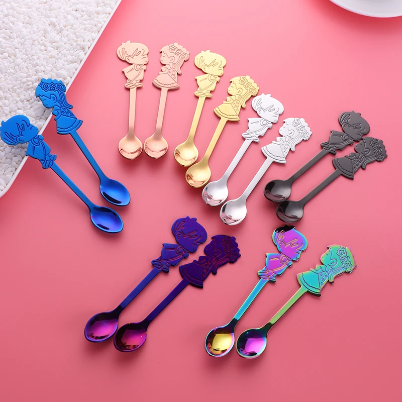 Stainless Steel Spoon Tea Spoon 2Pcs/Set Stainless Steel Couple Coffee Spoon Dessert Ice Cream Stirring Spoon Tea Kitchen Tableware Wedding Supplies Gift