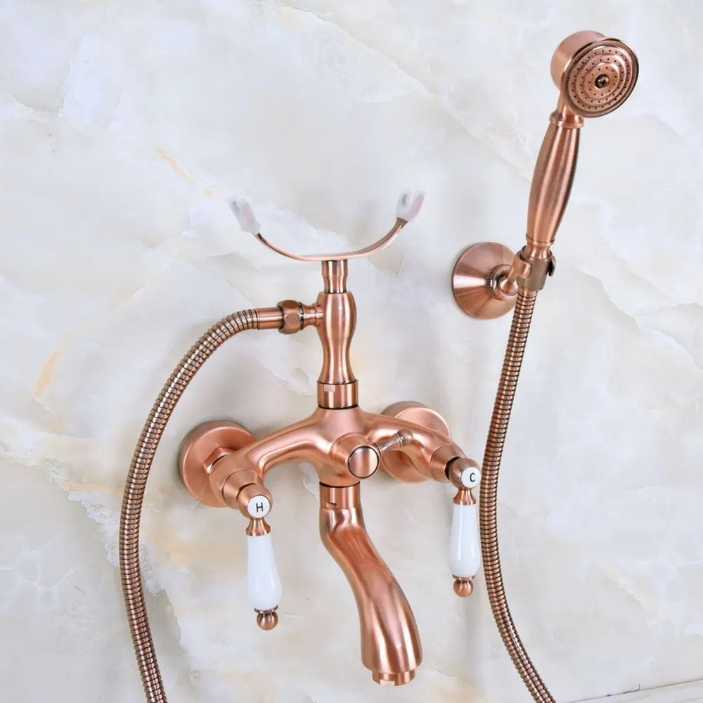 Antique Red Copper Dual Handles Brass Bathtub Faucet Set Wall Mount with Handshower Bath Shower Mixer Taps