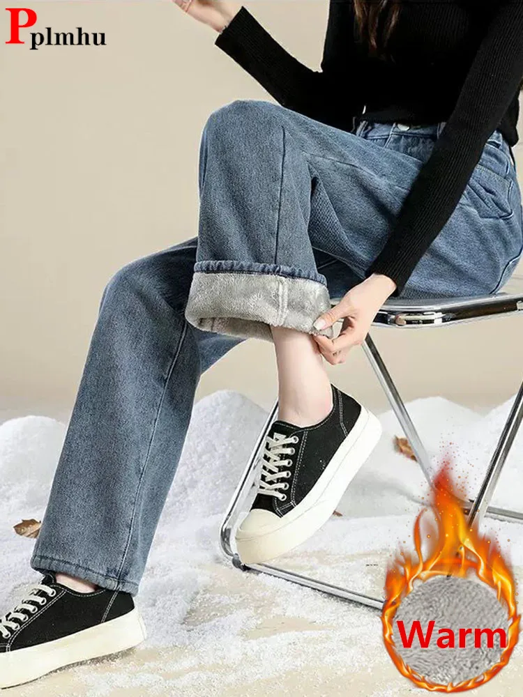 

High Waist Velvet Lined Wide Leg Jeans Pants Baggy Warm Thick Vaqueros Spodnie Winter New Plush Vintage Denim Straight Trousers