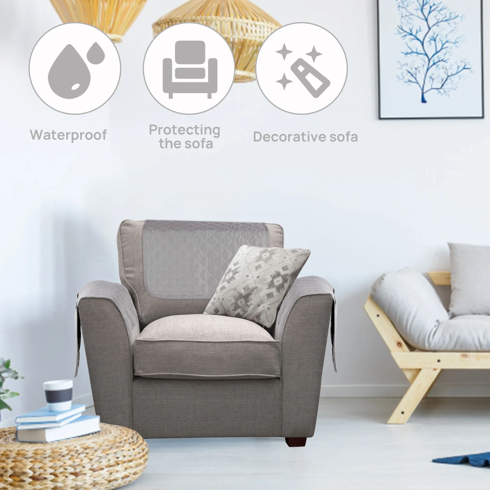New 3Pcs Sofa Armrest Cover Headrest Cover 22.4&times;15 Inch Polyester Recliner Chair Arm with 2 Large Pocket Waterproof Sofa