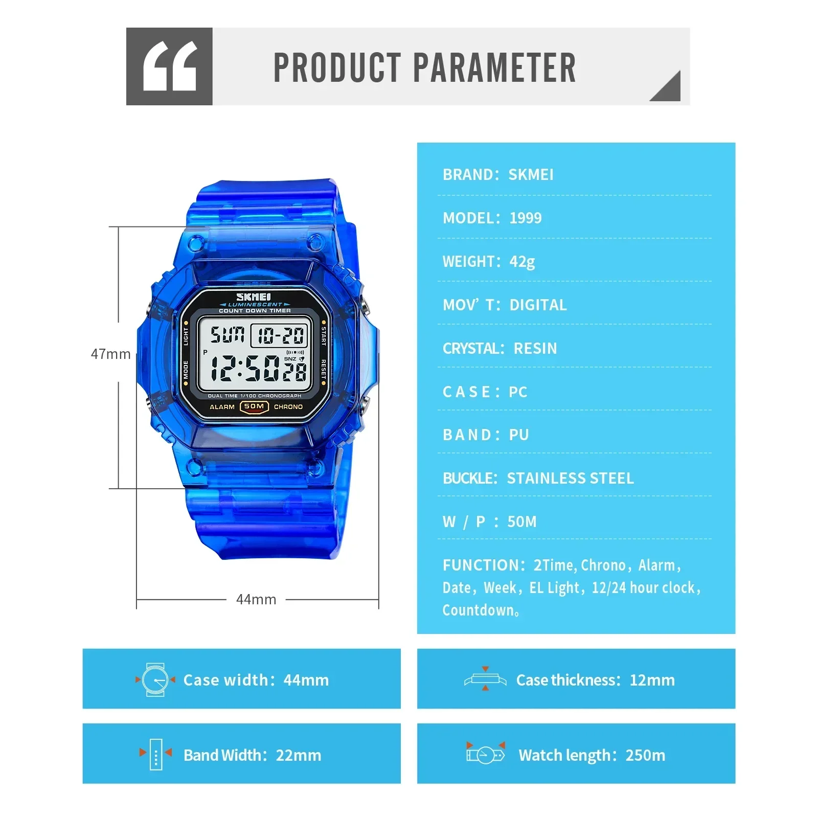 Skmei 1999 Mens 5Bar Waterproof Multifunctional Count Down Date Wristwatch Reloj Hombre Back Light Display Stop watch 6