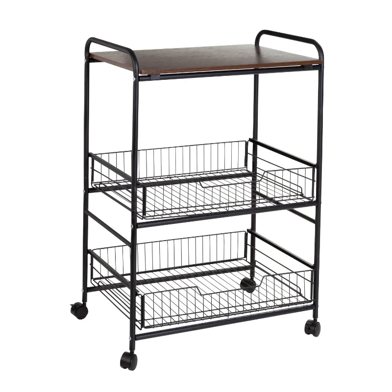 

Honey Can Do 3-Tier Rolling Cart with Wood Shelf and Pull-Out Baskets, Black/Walnut Storage Cart Kitchen Furniture