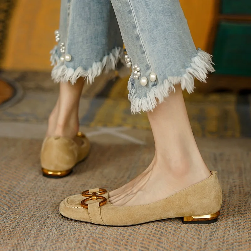 Ladies Flat Shoes Retro Square Toe Leather Loafers for Women Spring Casual Flats Elegant Metal Buckle Female Shoes women shoes