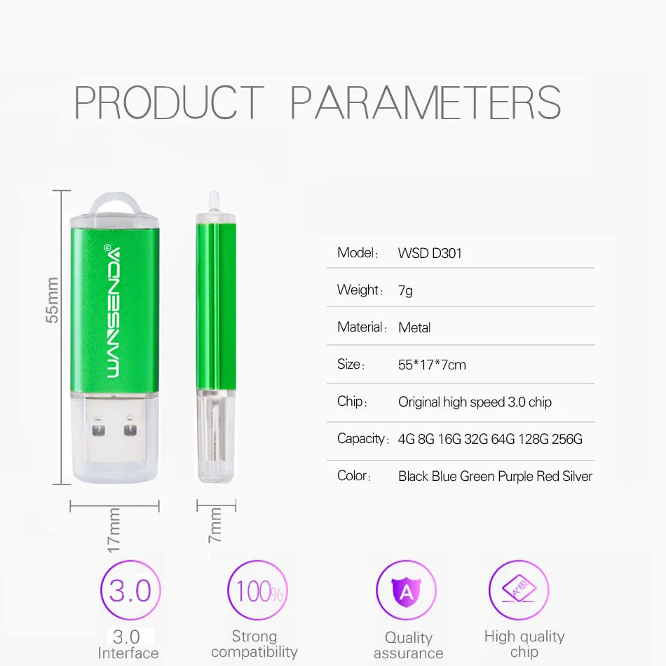 WANSENDA 미니 USB 3.0 플래시 드라이브, 펜 드라이브, 외부 저장 장치, USB 3.0 메모리 스틱, 32GB, 64GB, 256GB, 128GB, 16GB
