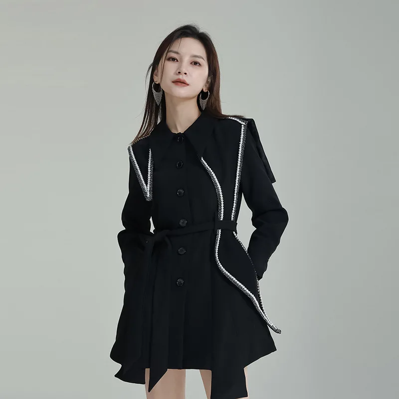 

Original Design Patchwork Color Contrast Short Dress Temperament Black Commuter Mini Skirt Black Button Down Long Sleeve Dresses