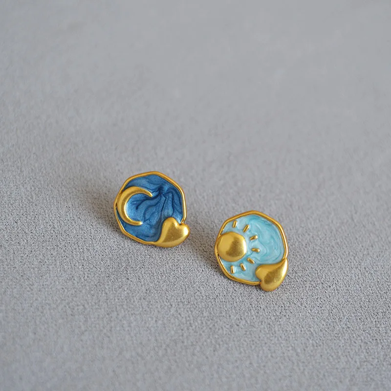 Starry Sky Moon & Sun Earring Romantic Handmade Enamel Glaze Gold-plated Brass 925 Silver Needle Stud Earrings