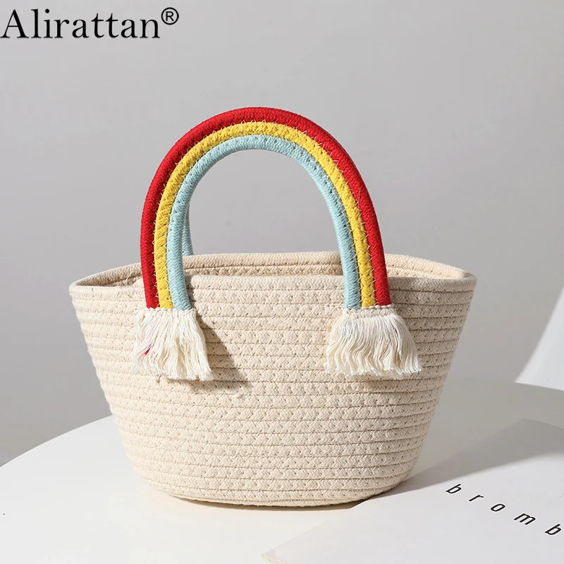 

Alirattan Rainbow Cloud Handbag Handmade Cotton Woven Bags for Women 2023 Summer New Seaside Beach Bag Wild Straw Bag