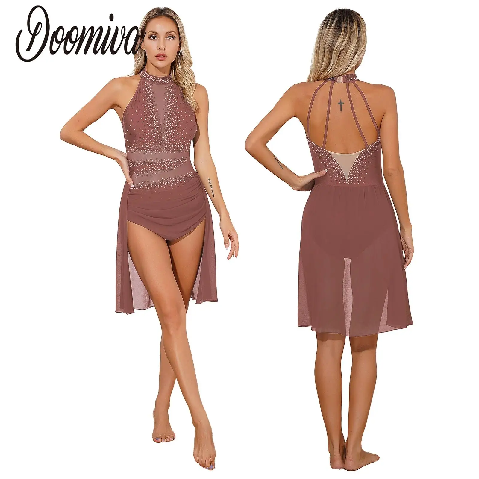 

Women Rhinestone Leotard Skating Dress Patchwork Mesh Skirts Gymnastics Ballet Dance Dress Competition Costume Ladies Dance Wear