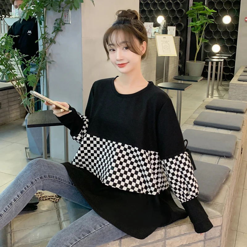 

Spring Pregnant Women's Plaid Hoodies Long Lantern Sleeve O-Neck Long Loose Maternity Sweatshirt Pregnancy Pullovers T-shirt