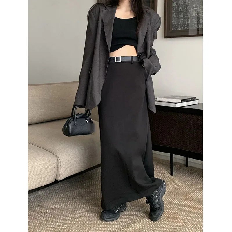 High Quality Woolen Maxi Skirts Female Elegant Chic High Waist Loose A-Line Skirts Women Vintage Streetwear Split Long Skirt 4