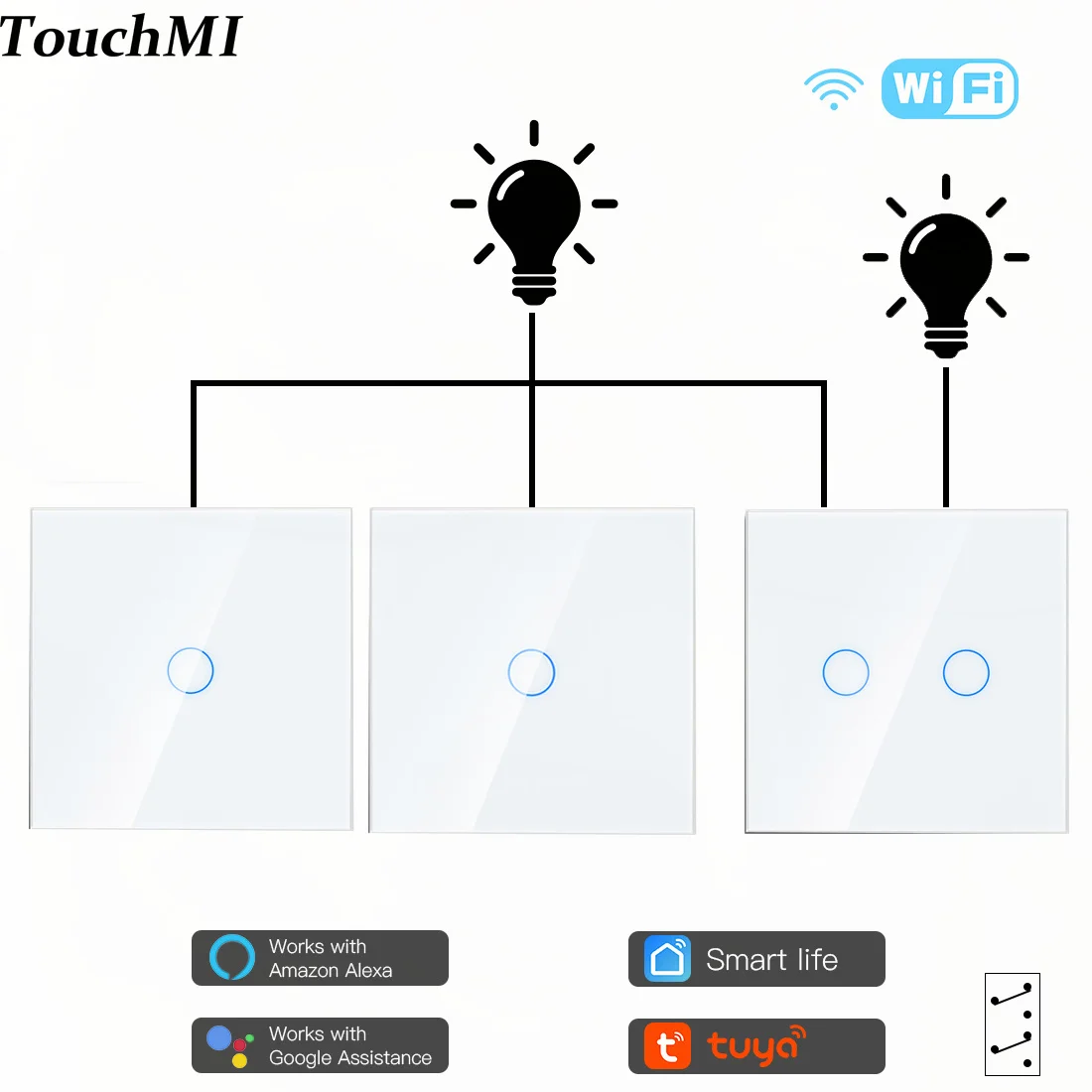 TouchMI Wifi Stairs Wall Switches Smart Touch 1/2/3Gang 3way Sensor
