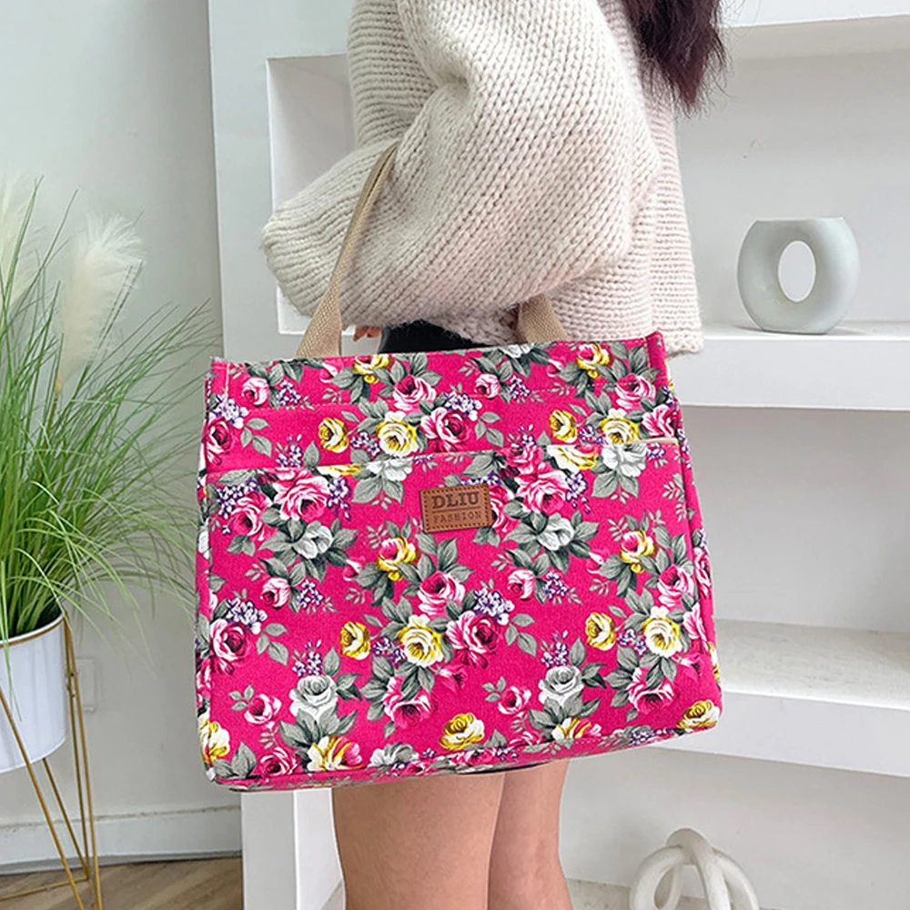 Bento Bag For Picnic Travel Fashion Floral Print Tote Bag Portable Canvas Lunch Bag Women's Casual Handbag lunch bag