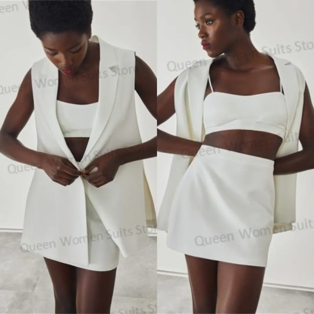 

Summer 3 Pieces Women Skirt Suits Set For Wedding Blazer+Bra Top+Prom Dress Custom Made Sleeveless Coat Short Mini Party Gown